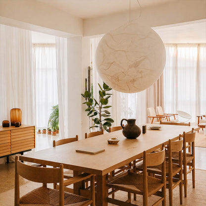 Selene medium silk moon pendant light Wabi Sabi dining room natural wood ceramic serene minimalist warm ambient glow lifestyle interior