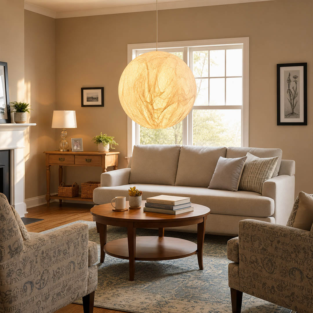 Selene medium silk moon pendant light Japandi modern living room minimalist Scandinavian oak linen serene warm ambient glow lifestyle interior