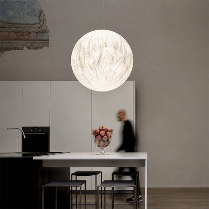 Selene medium silk moon pendant light Wabi Sabi dining room natural wood ceramic serene minimalist warm ambient glow lifestyle interior