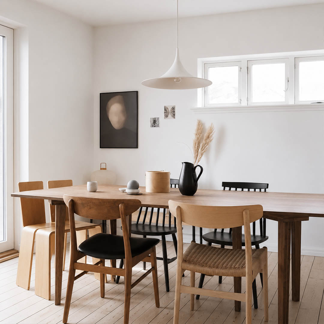 Semi pendant light white Scandinavian modern kitchen island double cluster row hanging Danish 1968 modernist icon minimalist bright sophisticated American home lifestyle interior