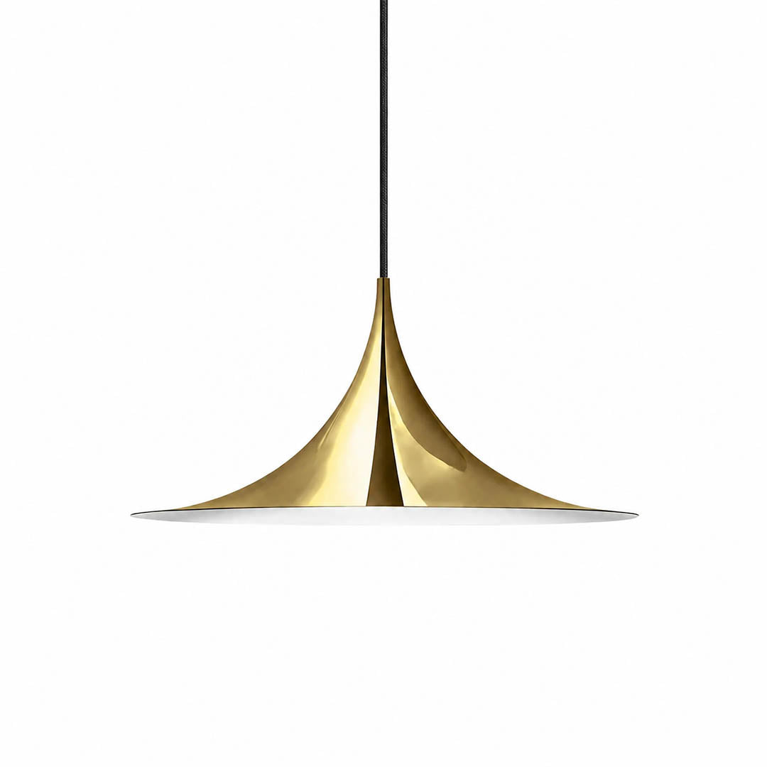 Semi pendant light gold enamel small 11.8 inch trumpet cone Danish 1968 modernist icon semi-flush kitchen island white background