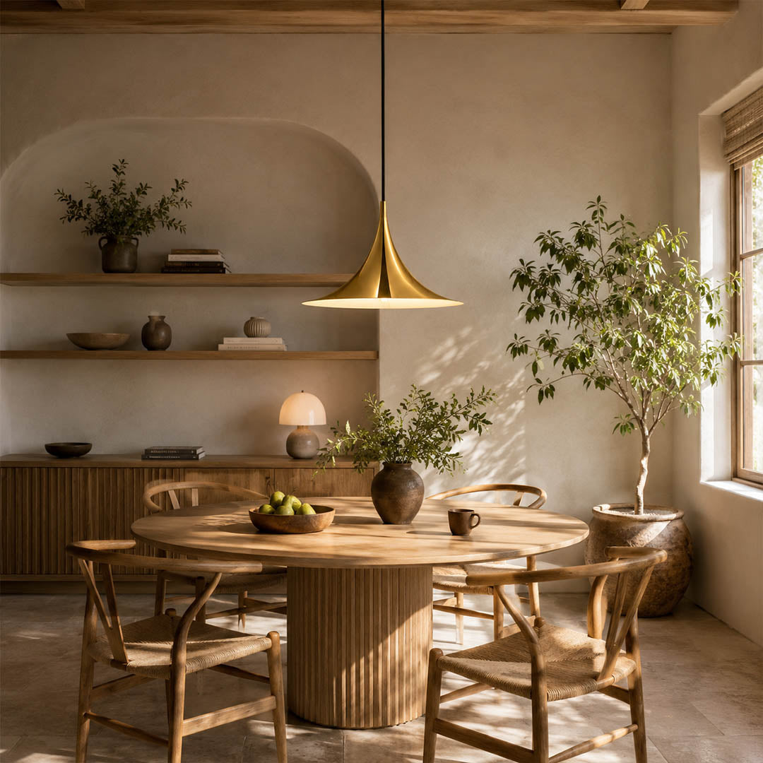 Semi pendant light gold enamel modern dining room round table hanging Danish 1968 modernist icon warm sophisticated evening entertaining American home lifestyle interior