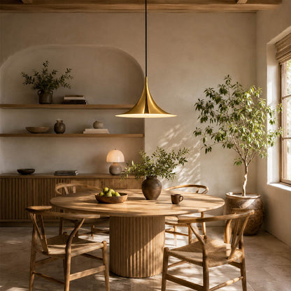 Semi pendant light gold enamel modern dining room round table hanging Danish 1968 modernist icon warm sophisticated evening entertaining American home lifestyle interior