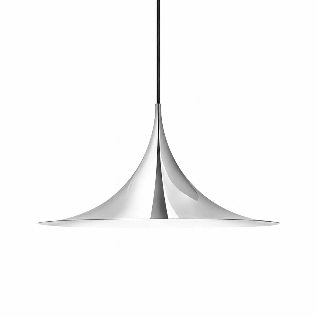 Semi pendant light chrome polished small 11.8 inch trumpet cone Danish 1968 modernist icon semi-flush kitchen island white background