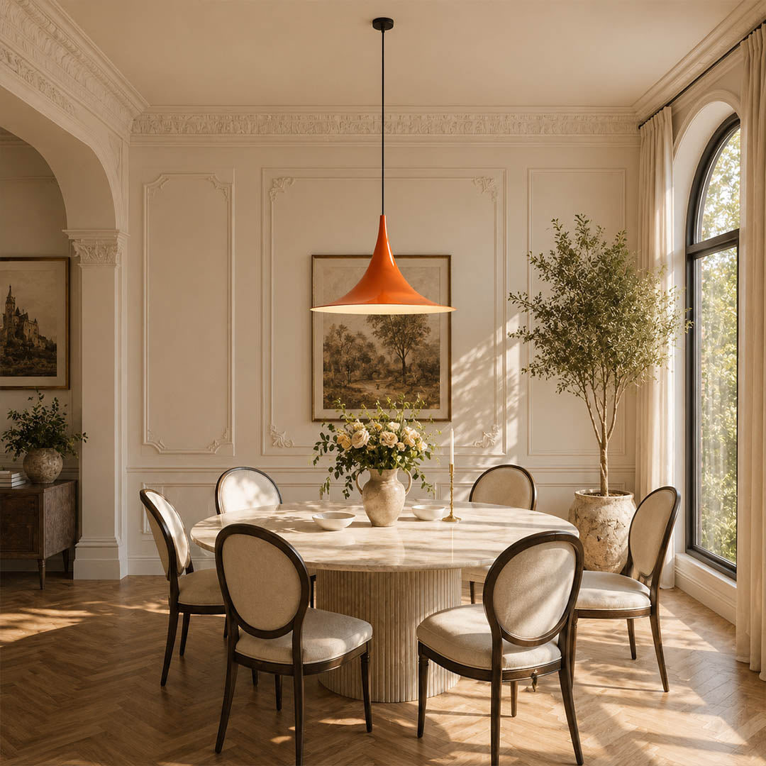 Semi pendant light gold enamel modern dining room round table hanging Danish 1968 modernist icon warm sophisticated evening entertaining American home lifestyle interior