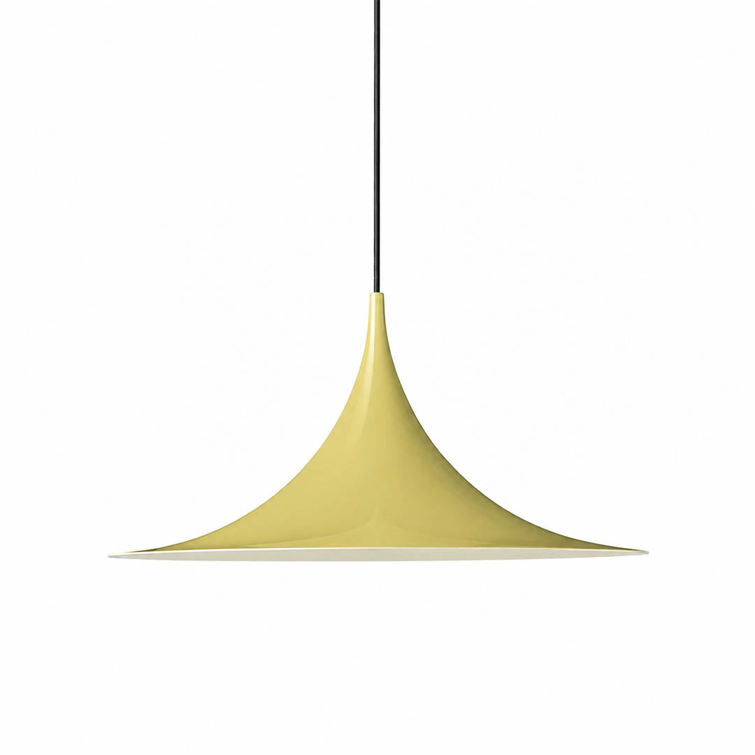Semi pendant light yellow enamel small 11.8 inch trumpet cone Danish 1968 modernist icon semi-flush kitchen island white background