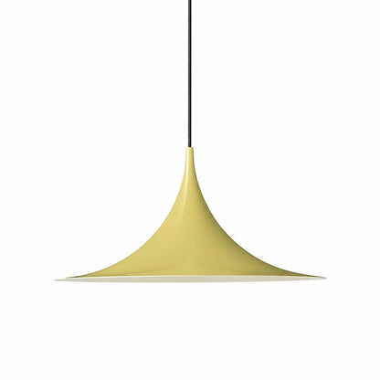 Semi pendant light yellow enamel small 11.8 inch trumpet cone Danish 1968 modernist icon semi-flush kitchen island white background
