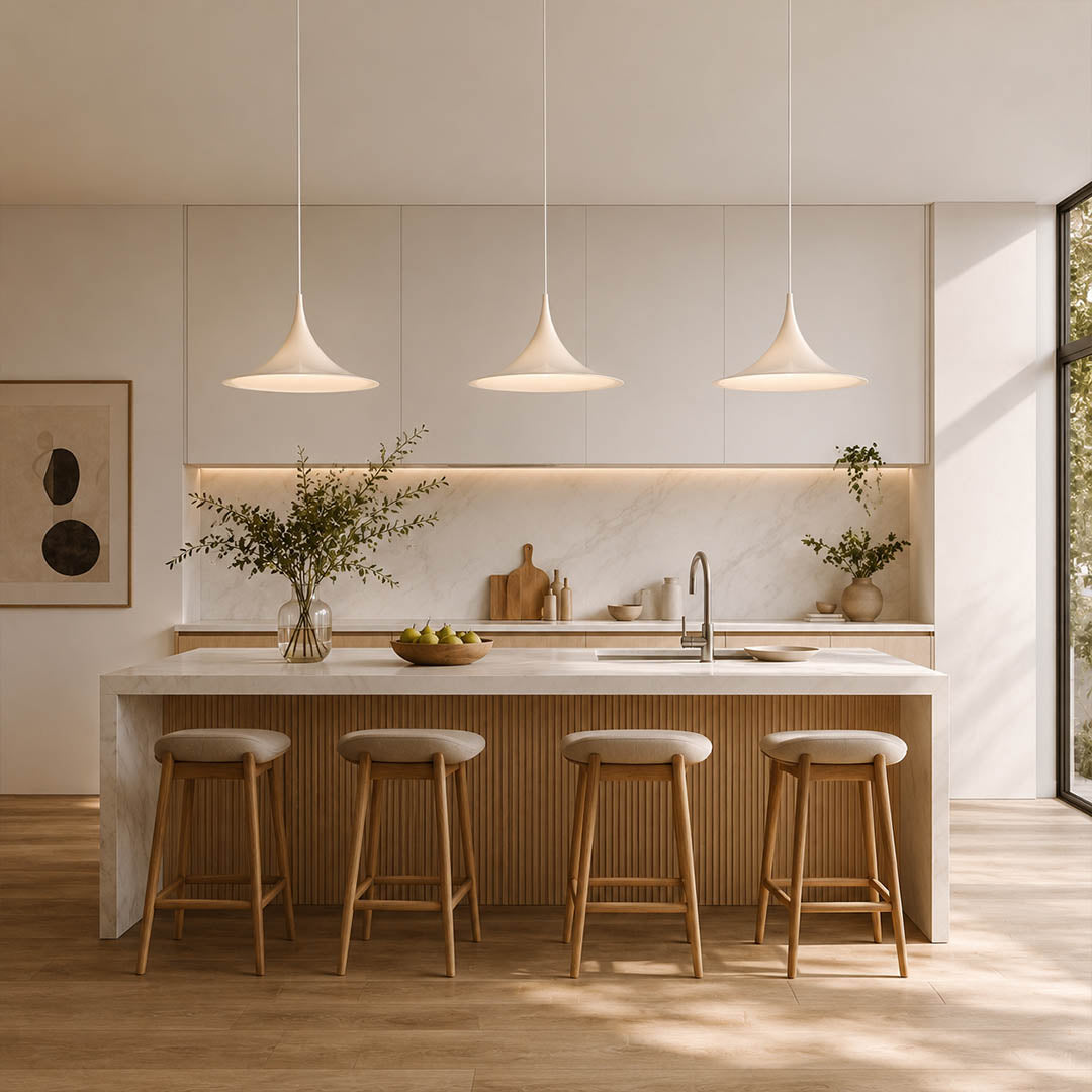 Semi pendant light white Scandinavian modern kitchen island double cluster row hanging Danish 1968 modernist icon minimalist bright sophisticated American home lifestyle interior