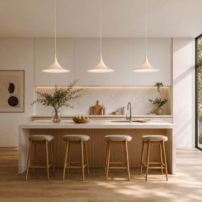 Semi pendant light white Scandinavian modern kitchen island double cluster row hanging Danish 1968 modernist icon minimalist bright sophisticated American home lifestyle interior