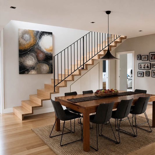Semi pendant light black modern kitchen island triple cluster row hanging Danish 1968 modernist icon farmhouse contemporary sophisticated cozy American home lifestyle interior