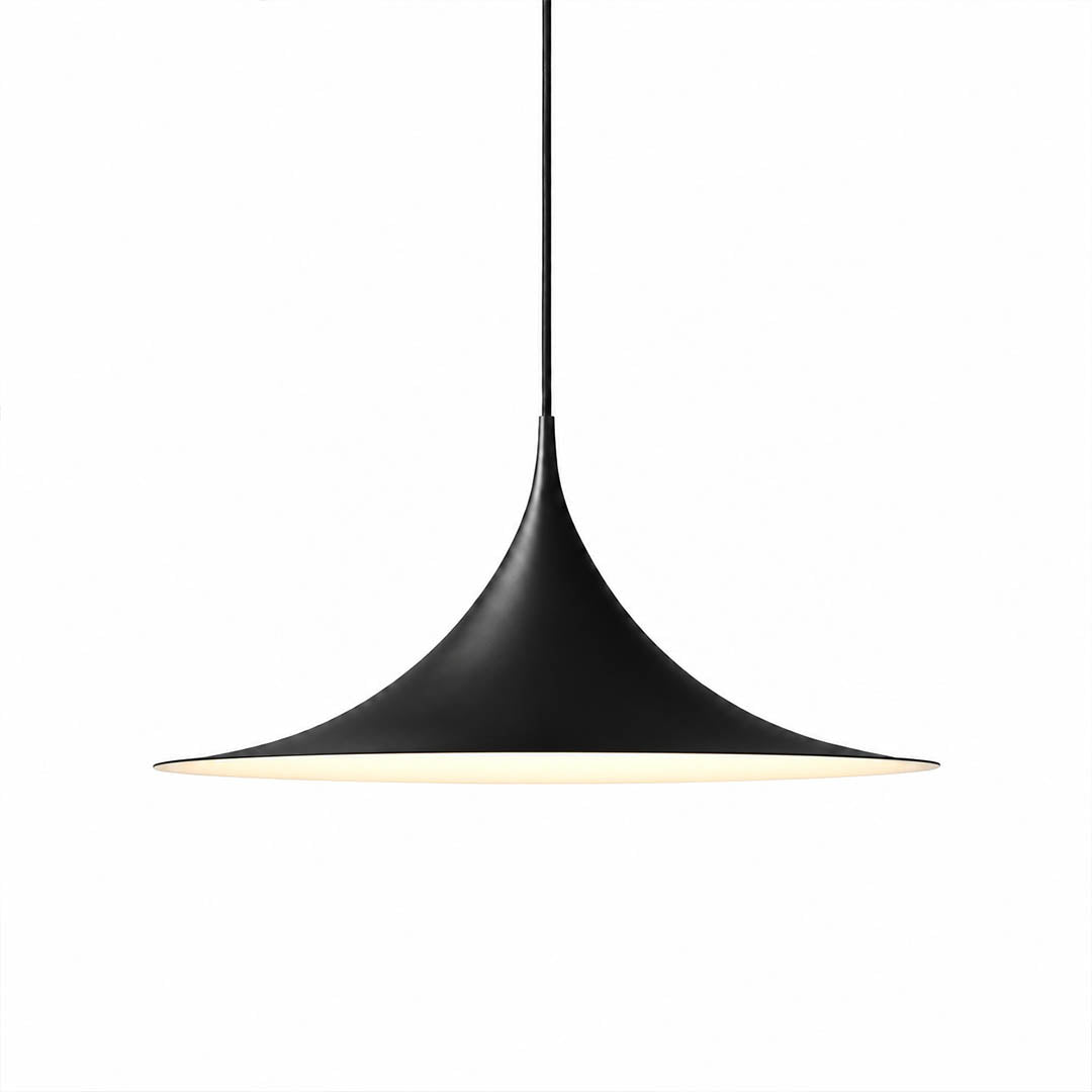 Semi pendant light black enamel small 11.8 inch trumpet cone Danish 1968 modernist icon semi-flush kitchen island white background