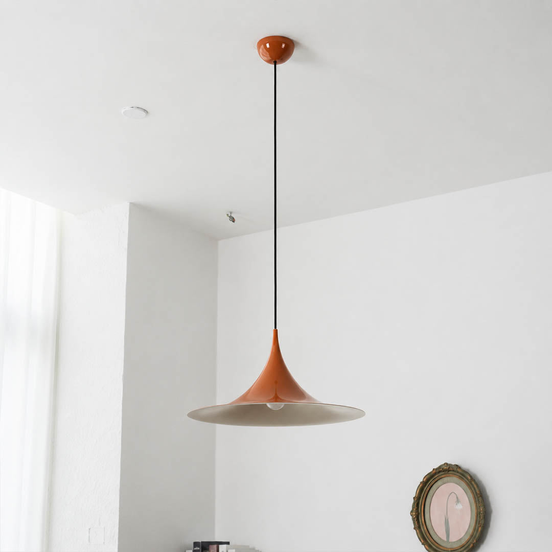 Semi pendant light yellow modern farmhouse kitchen island cluster row hanging Danish 1968 modernist icon playful colorful colorful accent sophisticated American home lifestyle interior