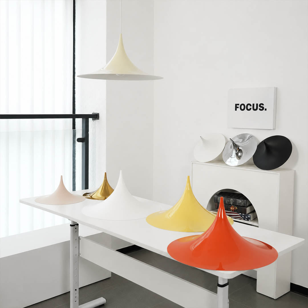 Semi pendant light 7 colors comparison black white gold chrome orange yellow beige enamel Danish 1968 modernist icon reference