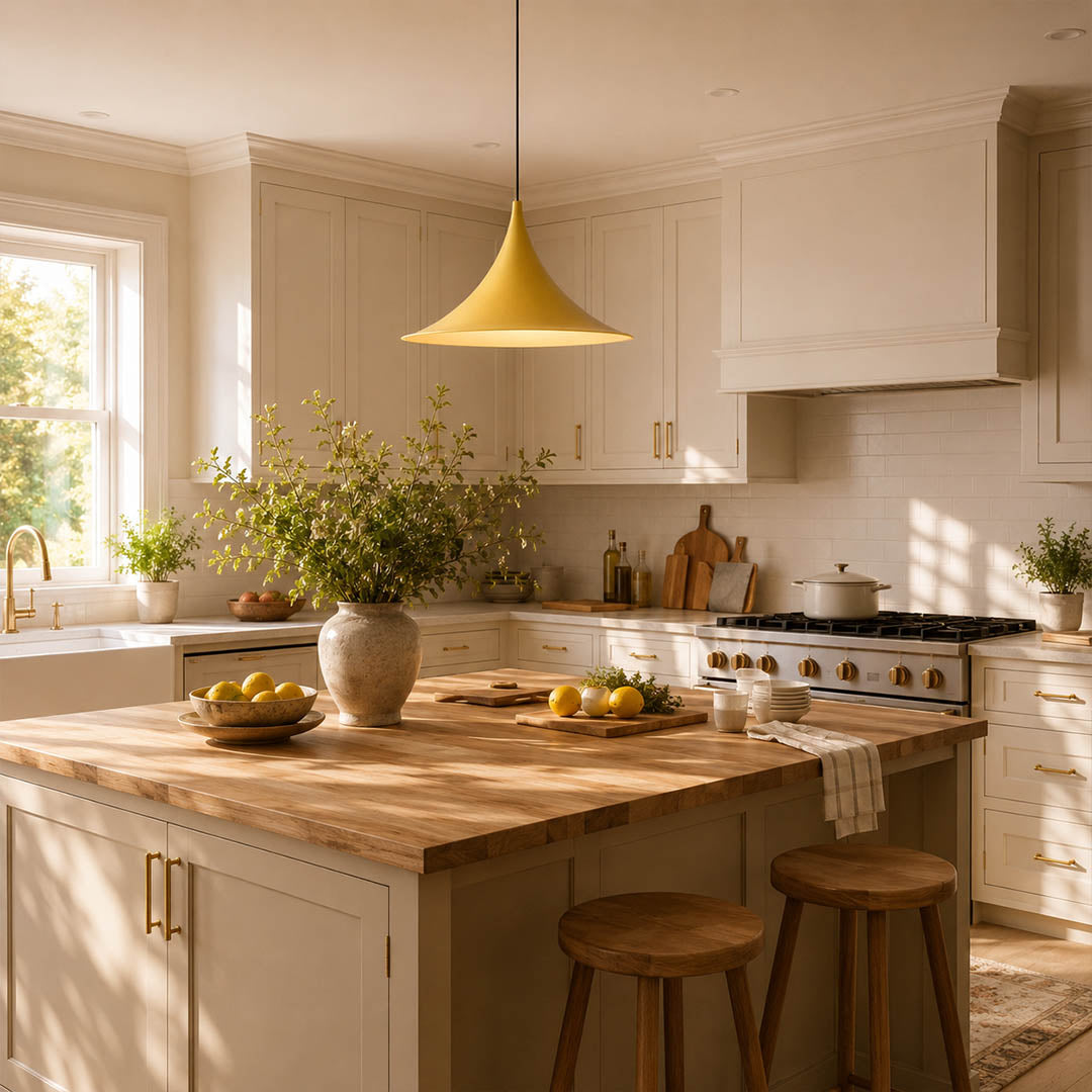 Semi pendant light yellow modern farmhouse kitchen island cluster row hanging Danish 1968 modernist icon playful colorful colorful accent sophisticated American home lifestyle interior