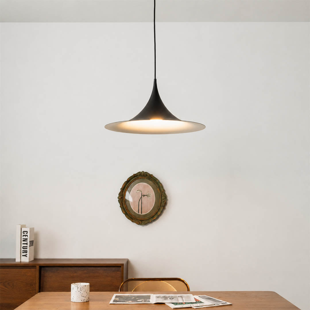Semi pendant light black modern kitchen island triple cluster row hanging Danish 1968 modernist icon farmhouse contemporary sophisticated cozy American home lifestyle interior