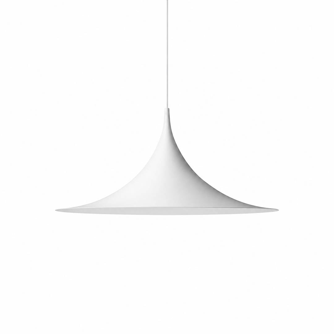 Semi pendant light white enamel small 11.8 inch trumpet cone Danish 1968 modernist icon semi-flush kitchen island white background
