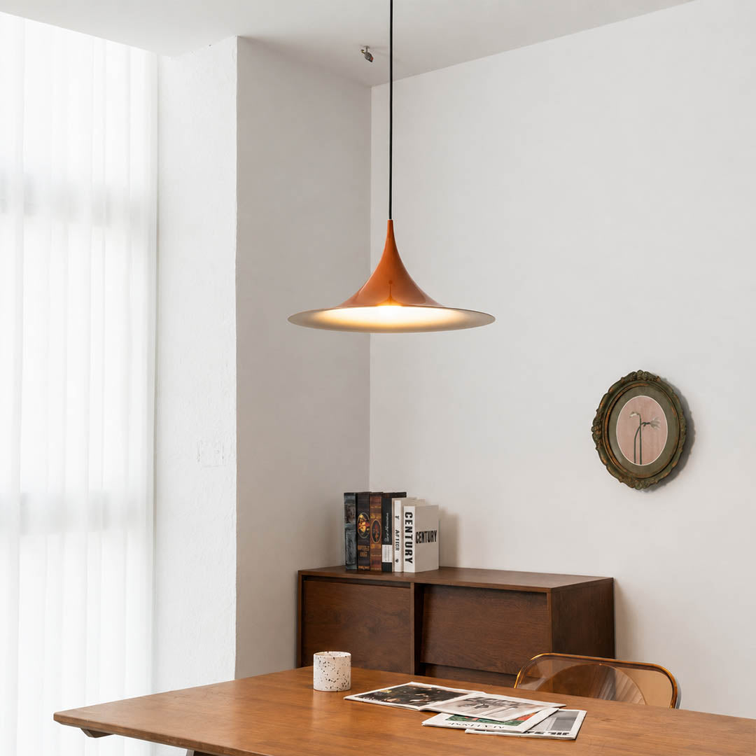 Semi pendant light yellow modern farmhouse kitchen island cluster row hanging Danish 1968 modernist icon playful colorful colorful accent sophisticated American home lifestyle interior