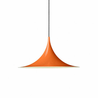 Semi pendant light orange enamel small 11.8 inch trumpet cone Danish 1968 modernist icon semi-flush kitchen island white background