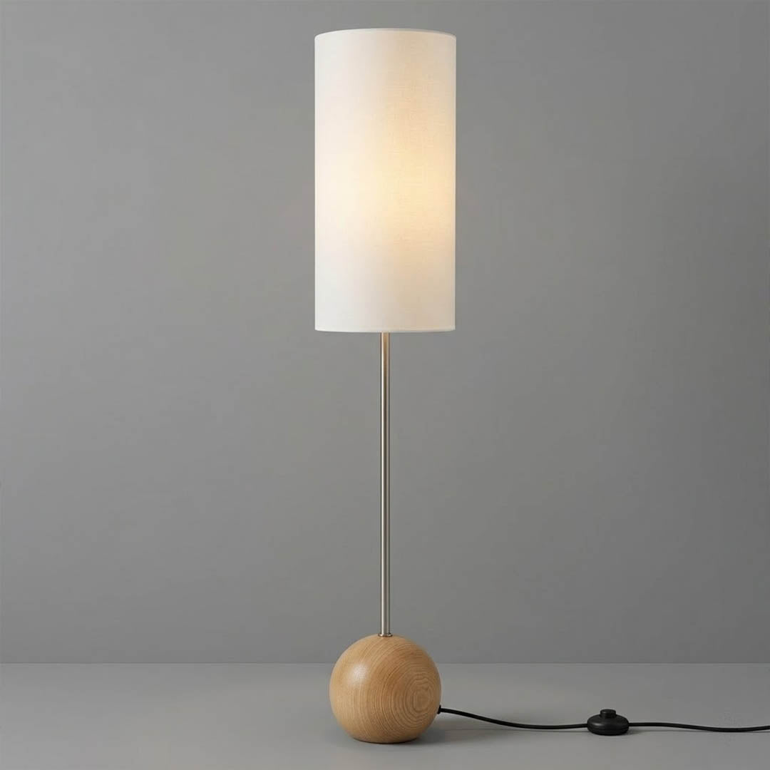 Senja natural wood floor lamp Scandinavian sphere white fabric shade white background