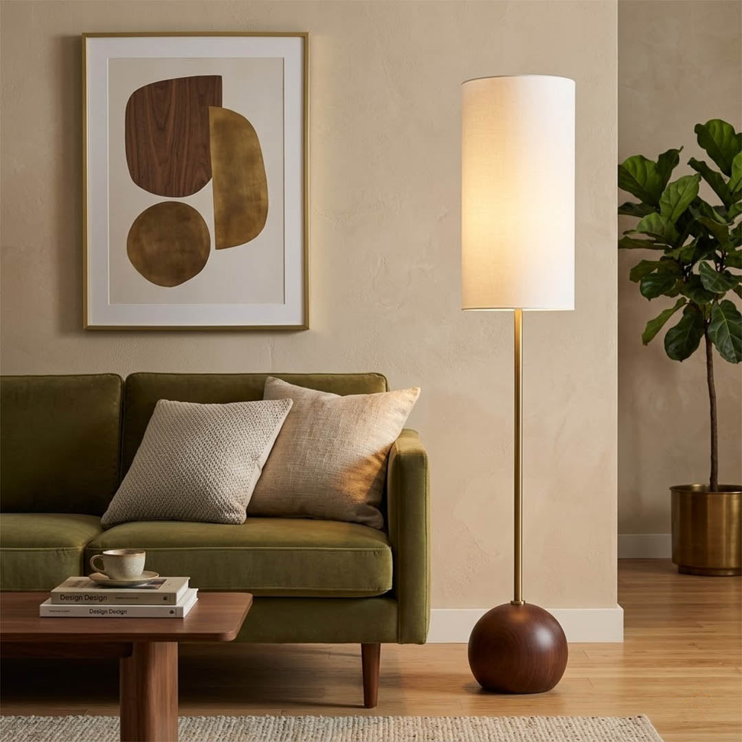 Senja wood floor lamp beside reading chair living room warm glow scandinavian interior