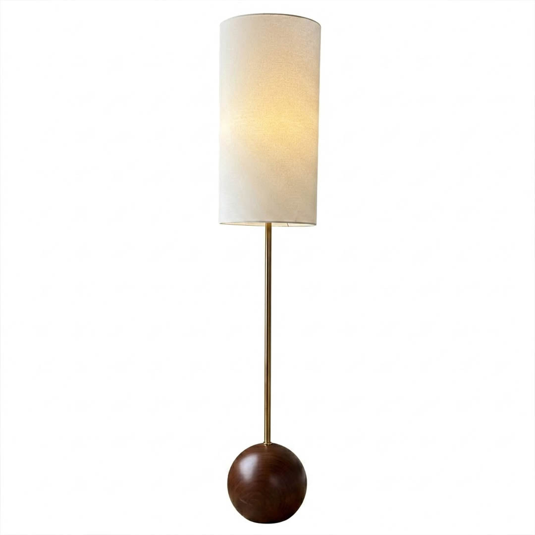 Senja walnut wood floor lamp Scandinavian sphere white fabric shade white background