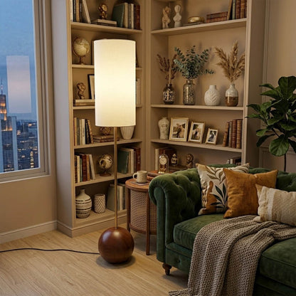 Senja wood floor lamp beside reading chair living room warm glow scandinavian interior