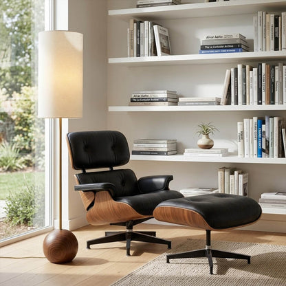 Senja wood floor lamp beside reading chair living room warm glow scandinavian interior