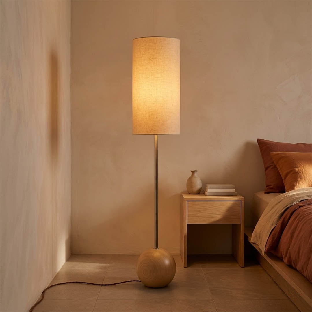 Senja wood floor lamp in bedroom corner warm ambient glow japandi interior
