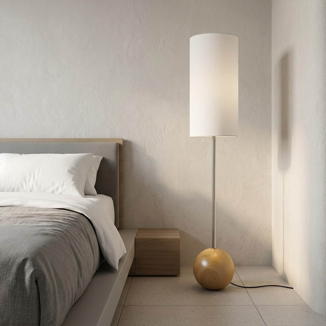 Senja wood floor lamp in bedroom corner warm ambient glow japandi interior