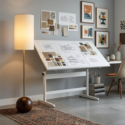 Senja wood floor lamp beside reading chair living room warm glow scandinavian interior