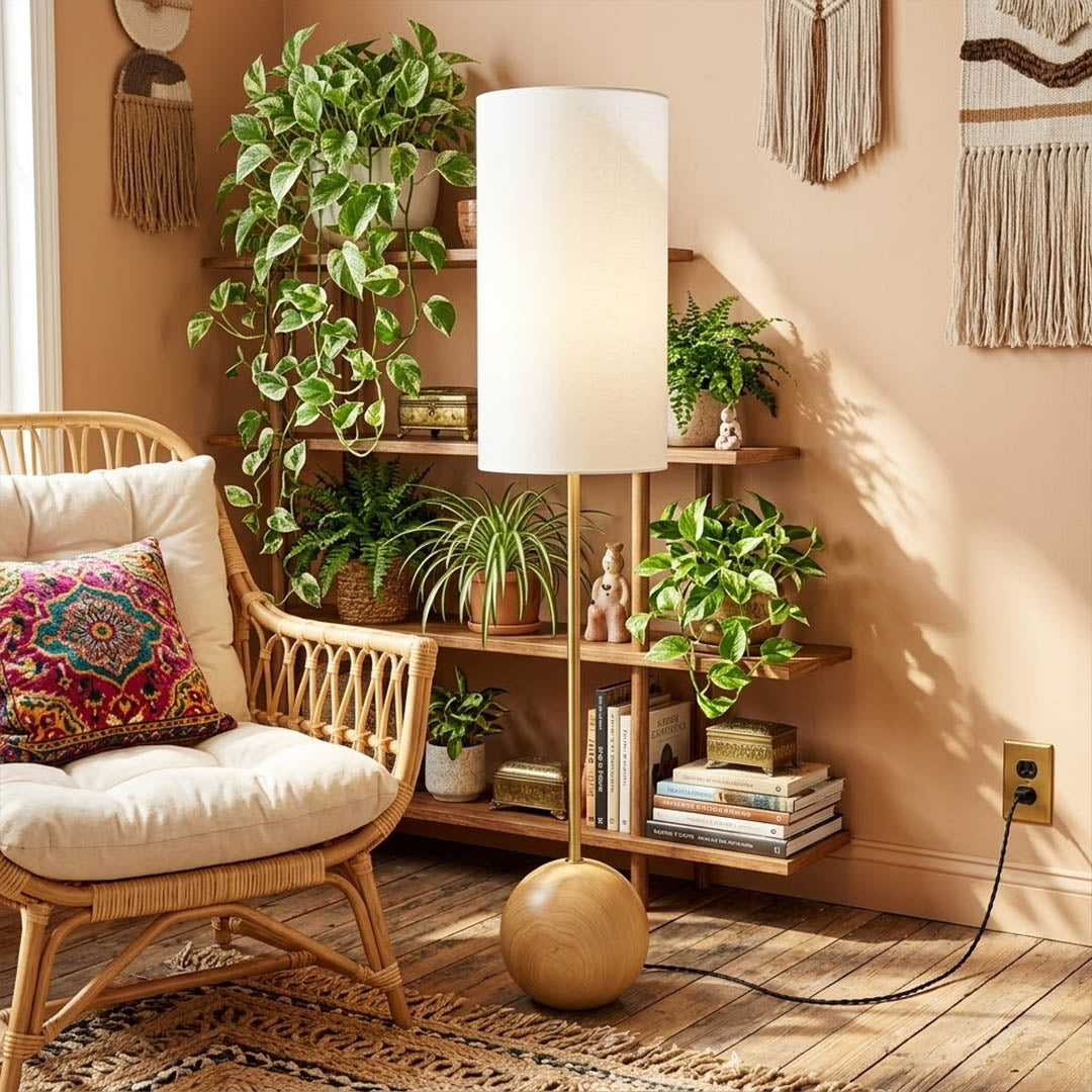 Senja wood floor lamp beside reading chair living room warm glow scandinavian interior