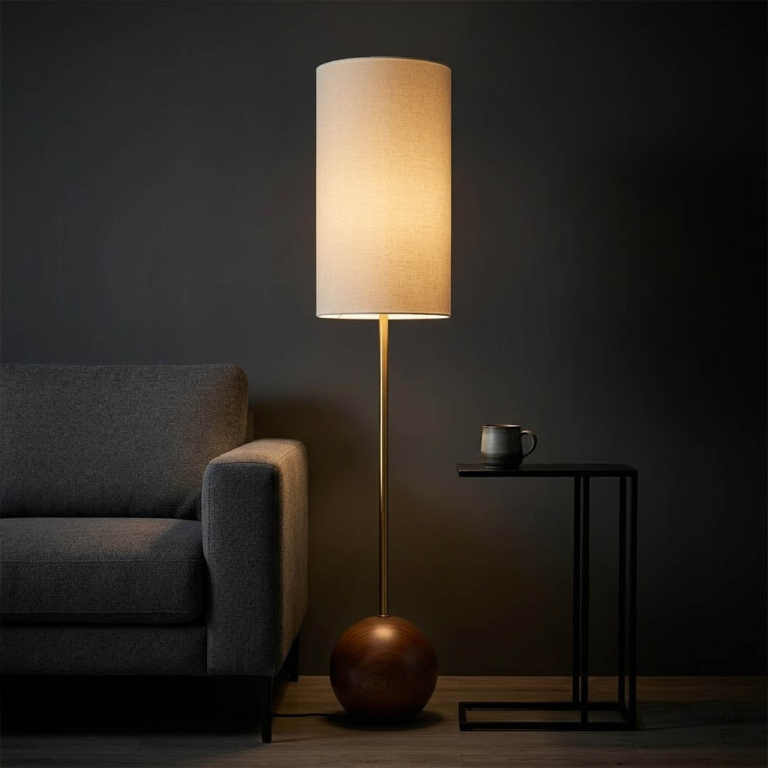 Senja wood floor lamp in bedroom corner warm ambient glow japandi interior
