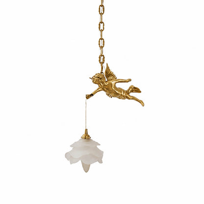 Serafino pendant light left facing angel brass and white glass petal shade small single mini pendant brass finish white background front view