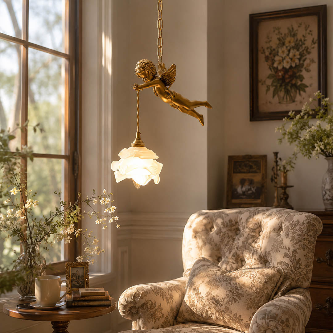 Serafino pendant light brass and white angel pair over round dining table French country dining room warm glare-free glow American home lifestyle interior