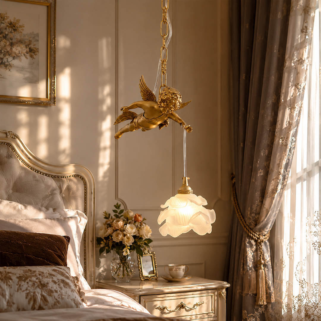 Serafino pendant light brass and pink single angel bedside hanging light upholstered headboard romantic warm American home lifestyle interior