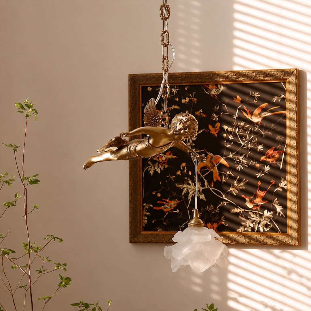 Serafino pendant light brass and white single angel entry foyer console fresh flowers warm characterful American home lifestyle interior