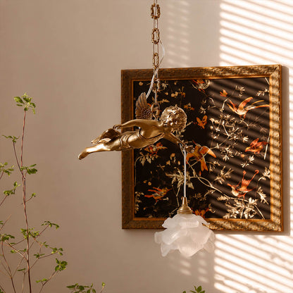 Serafino pendant light brass and white single angel entry foyer console fresh flowers warm characterful American home lifestyle interior