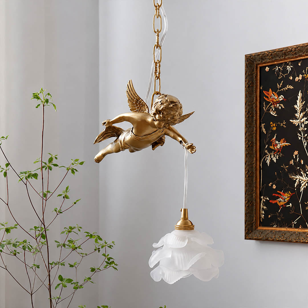 Serafino pendant light brass and white single angel entry foyer console fresh flowers warm characterful American home lifestyle interior