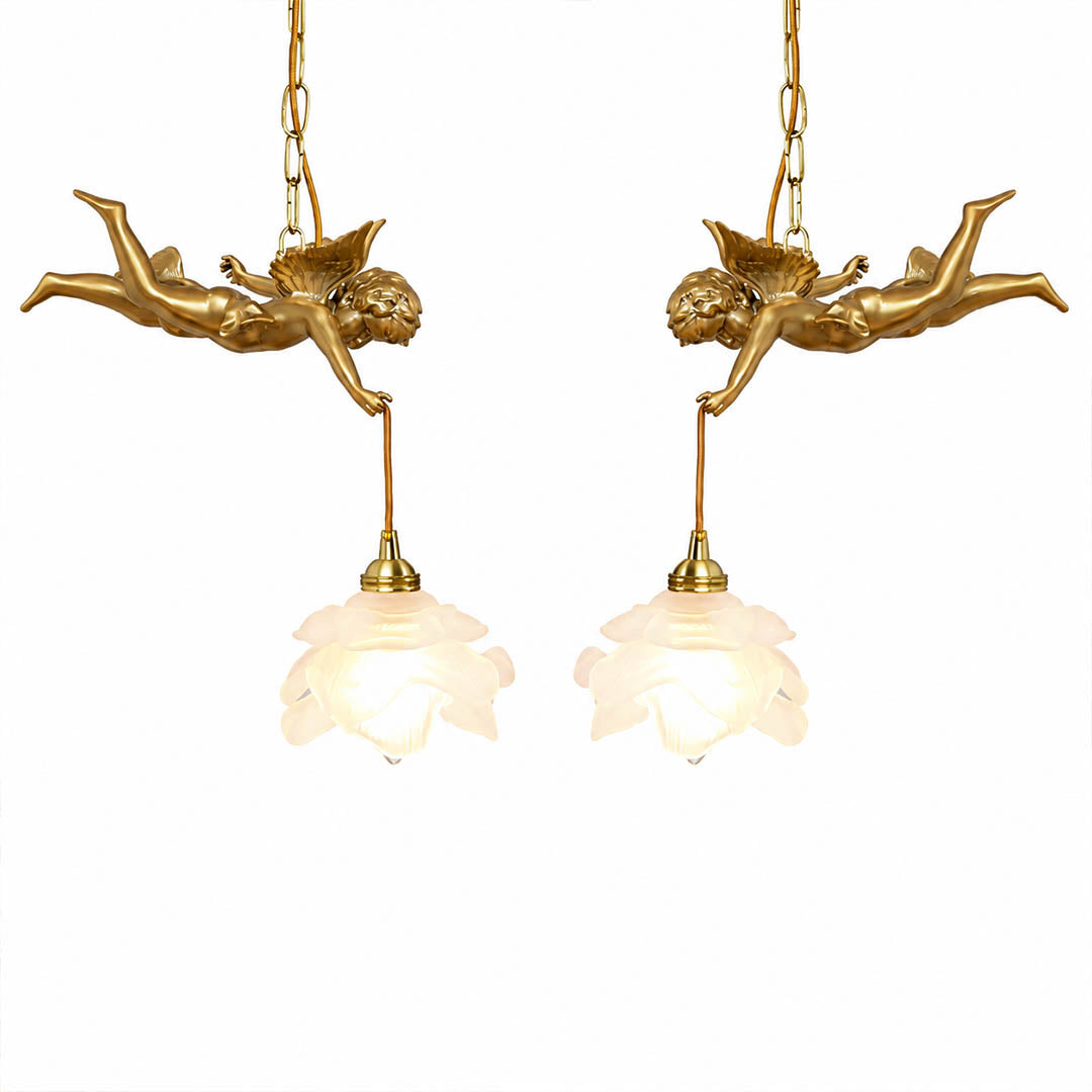 Serafino pendant light brass and white mirrored angel pair glass petal shade small mid-century vintage brass finish dining nook white background front view