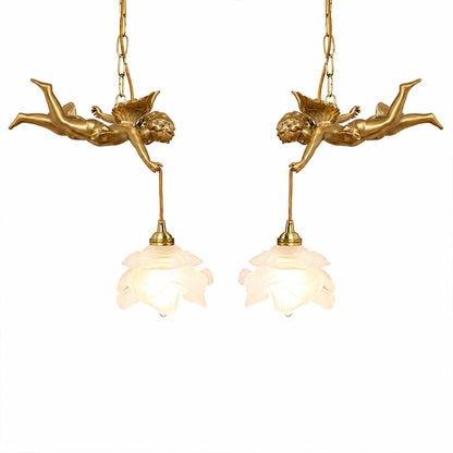 Serafino pendant light brass and white mirrored angel pair glass petal shade small mid-century vintage brass finish dining nook white background front view