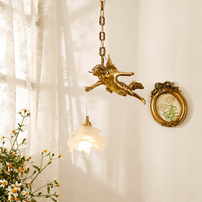 Serafino pendant light brass and white single angel entry foyer console fresh flowers warm characterful American home lifestyle interior