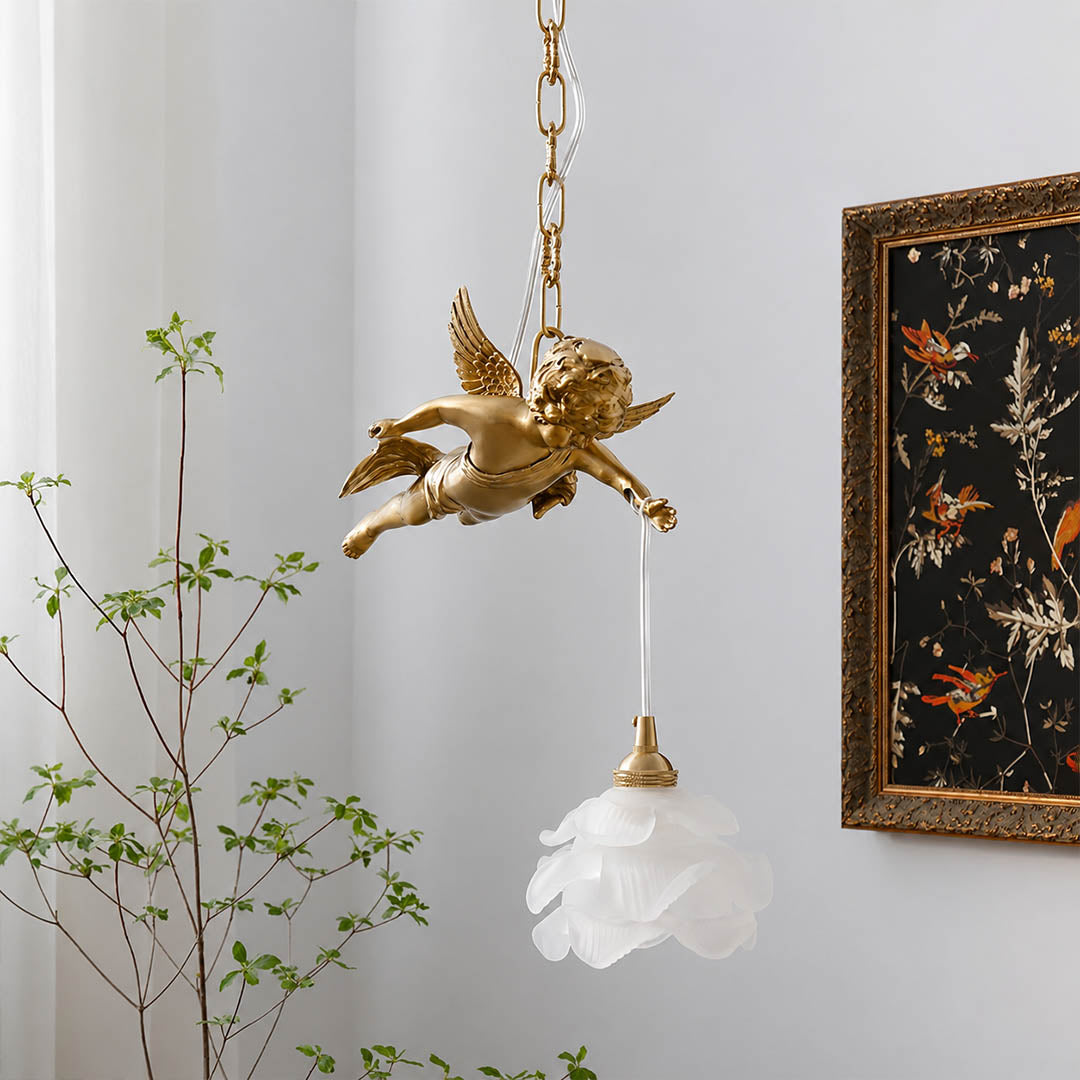 Serafino pendant light brass and white single angel entry foyer console fresh flowers warm characterful American home lifestyle interior
