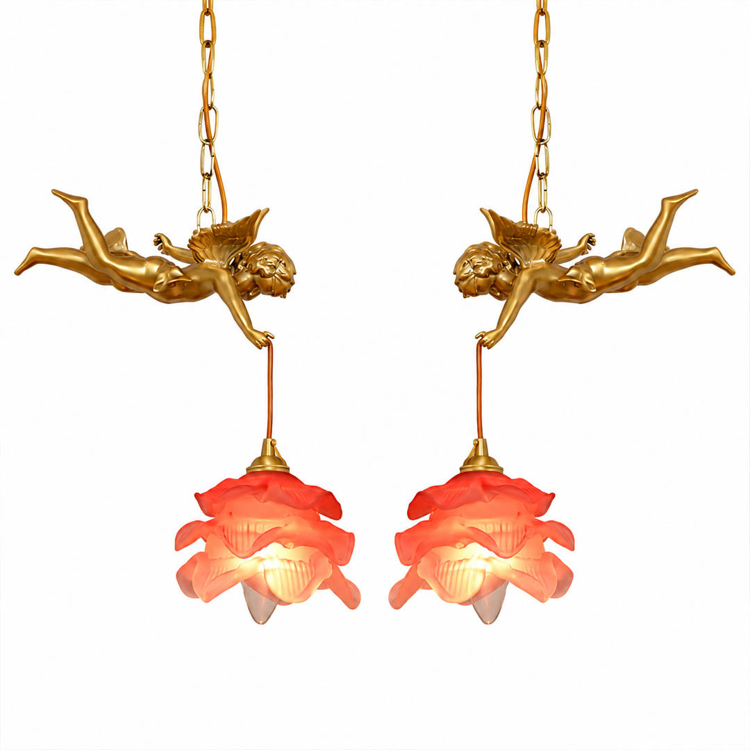 Serafino pendant light brass and pink mirrored angel pair blush glass petal shade small vintage romantic brass finish white background front view