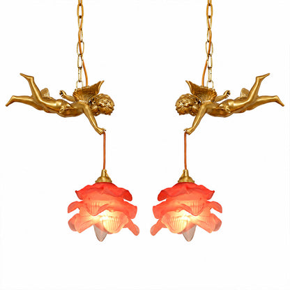 Serafino pendant light brass and pink mirrored angel pair blush glass petal shade small vintage romantic brass finish white background front view