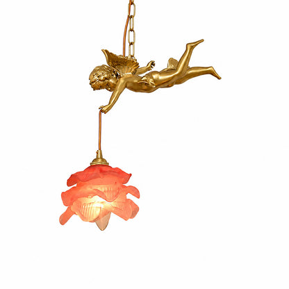 Serafino pendant light left facing angel brass and pink blush glass petal shade small single mini pendant brass finish white background front view
