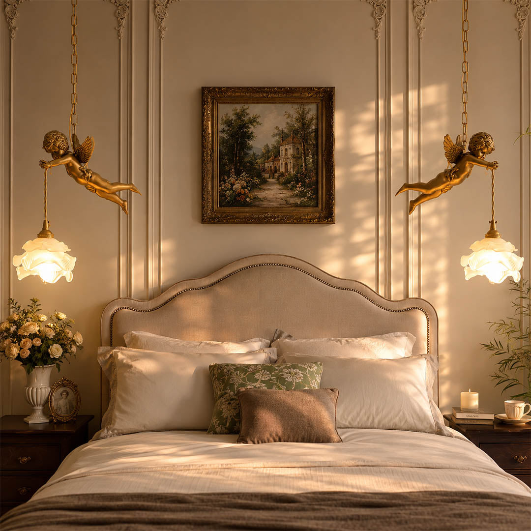 Serafino pendant light brass and pink single angel bedside hanging light upholstered headboard romantic warm American home lifestyle interior