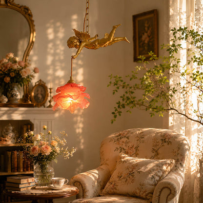 Serafino pendant light brass and white angel pair over round dining table French country dining room warm glare-free glow American home lifestyle interior