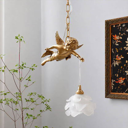 Serafino pendant light brass and white single angel entry foyer console fresh flowers warm characterful American home lifestyle interior
