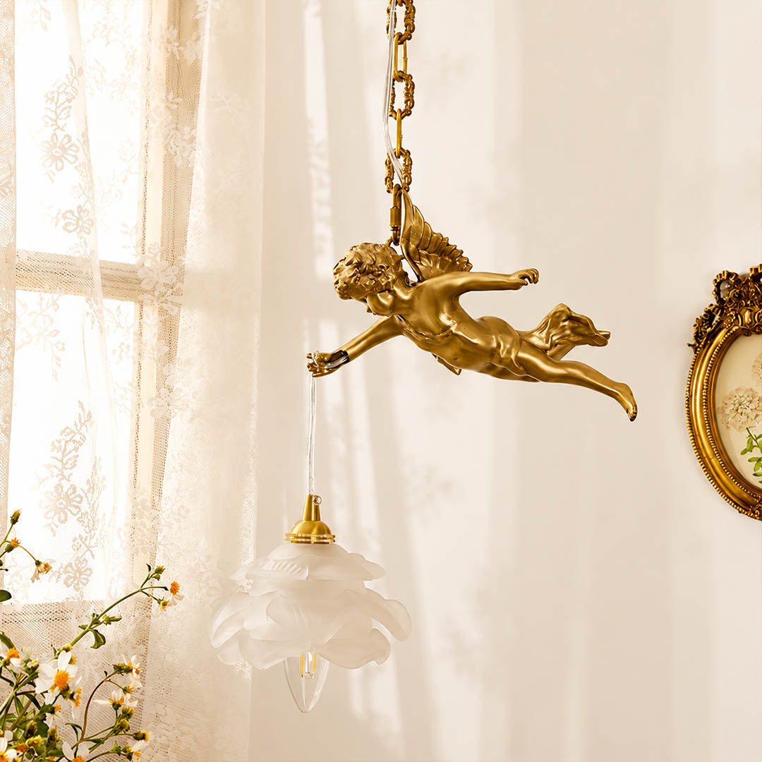 Serafino pendant light brass and white single angel entry foyer console fresh flowers warm characterful American home lifestyle interior
