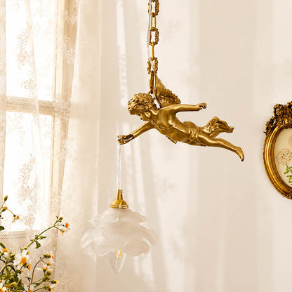 Serafino pendant light brass and white single angel entry foyer console fresh flowers warm characterful American home lifestyle interior